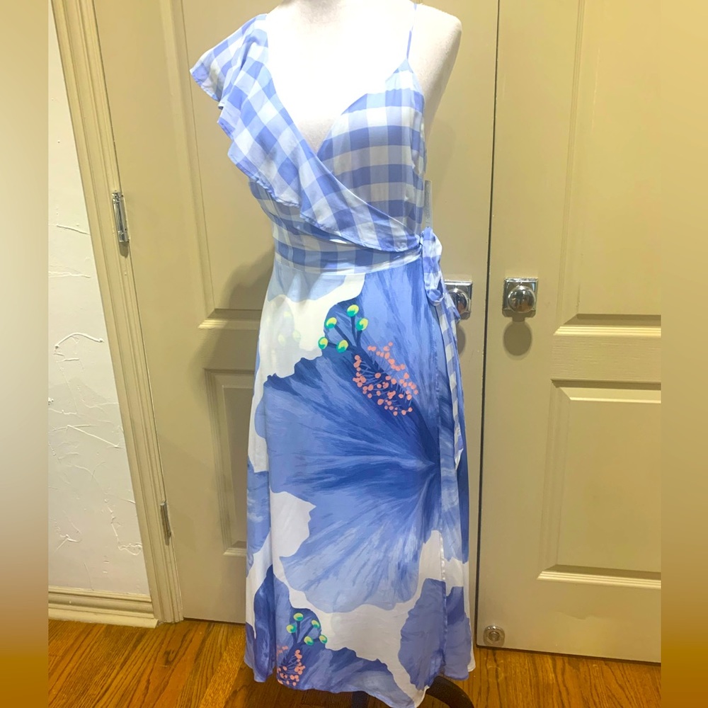 NEW w/o tags FARM RIO for Anthropologie Wrap Long One Strap Dress M blue floral